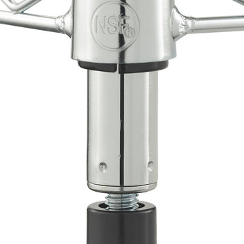 A close-up shot of a chrome metal pole with a black plastic foot at the bottom. The pole has a threaded section and a small hole, indicating adjustability.
