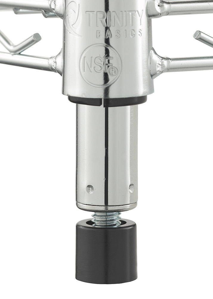 A close-up shot of a chrome metal pole with a black plastic foot at the bottom. The pole has a threaded section and a small hole, indicating adjustability.
