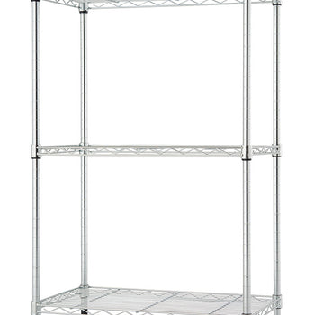 A three-tier wire shelving unit with a chrome finish is isolated against a white background. The unit has three shelves and four vertical poles, with black plastic feet visible at the bottom.
