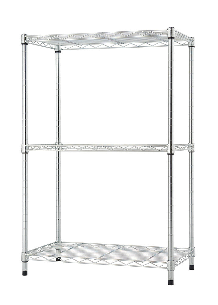 A three-tier wire shelving unit with a chrome finish is isolated against a white background. The unit has three shelves and four vertical poles, with black plastic feet visible at the bottom.