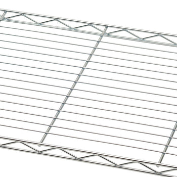 A close-up, angled shot of a metal wire shelf, showing the grid pattern of the wires and the triangular support structure along the edges. The shelf is made of thin, silver-colored wires and is viewed from above.