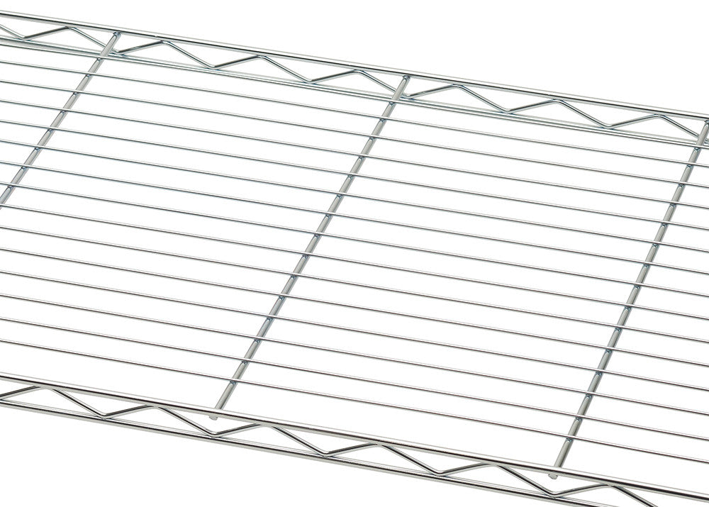A close-up, angled shot of a metal wire shelf, showing the grid pattern of the wires and the triangular support structure along the edges. The shelf is made of thin, silver-colored wires and is viewed from above.