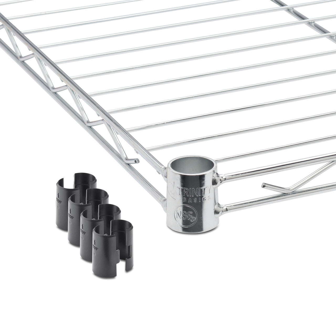 A close-up shot of a wire shelf corner with four black plastic clips lying next to it. The shelf is made of chrome wires and has a circular metal sleeve at the corner.
