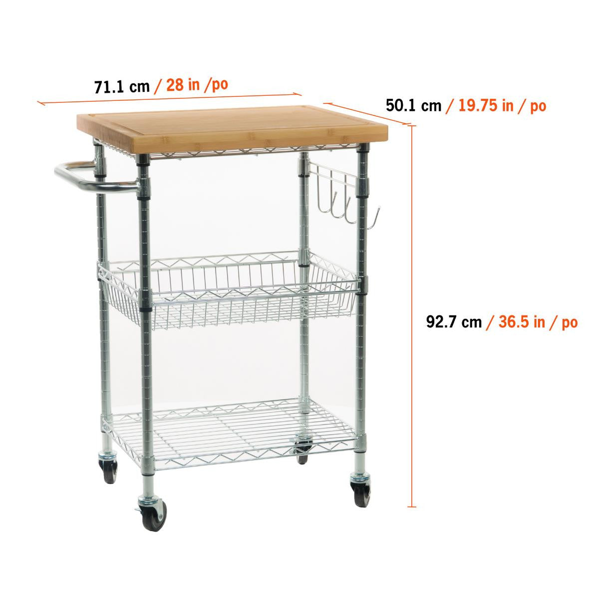A chrome kitchen cart with a bamboo cutting board top is shown angled to the right. The cart has two wire shelves, a side handle, and utensil hooks. Dimensions are overlaid on the image, indicating 28 inches wide by 19.75 inches deep by 36.5 inches height.