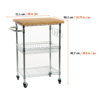 A chrome kitchen cart with a bamboo cutting board top is shown angled to the right. The cart has two wire shelves, a side handle, and utensil hooks. Dimensions are overlaid on the image, indicating 28 inches wide by 19.75 inches deep by 36.5 inches height.