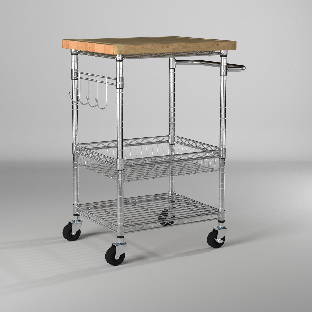 A chrome colored kitchen cart with a light brown wooden top is shown against a light gray background. The cart has two wire shelves, a handle on one side, and four hooks hanging from the top shelf on another side.