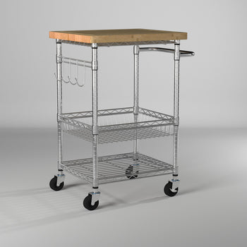 A chrome colored kitchen cart with a light brown wooden top is shown against a light gray background. The cart has two wire shelves, a handle on one side, and four hooks hanging from the top shelf on another side.