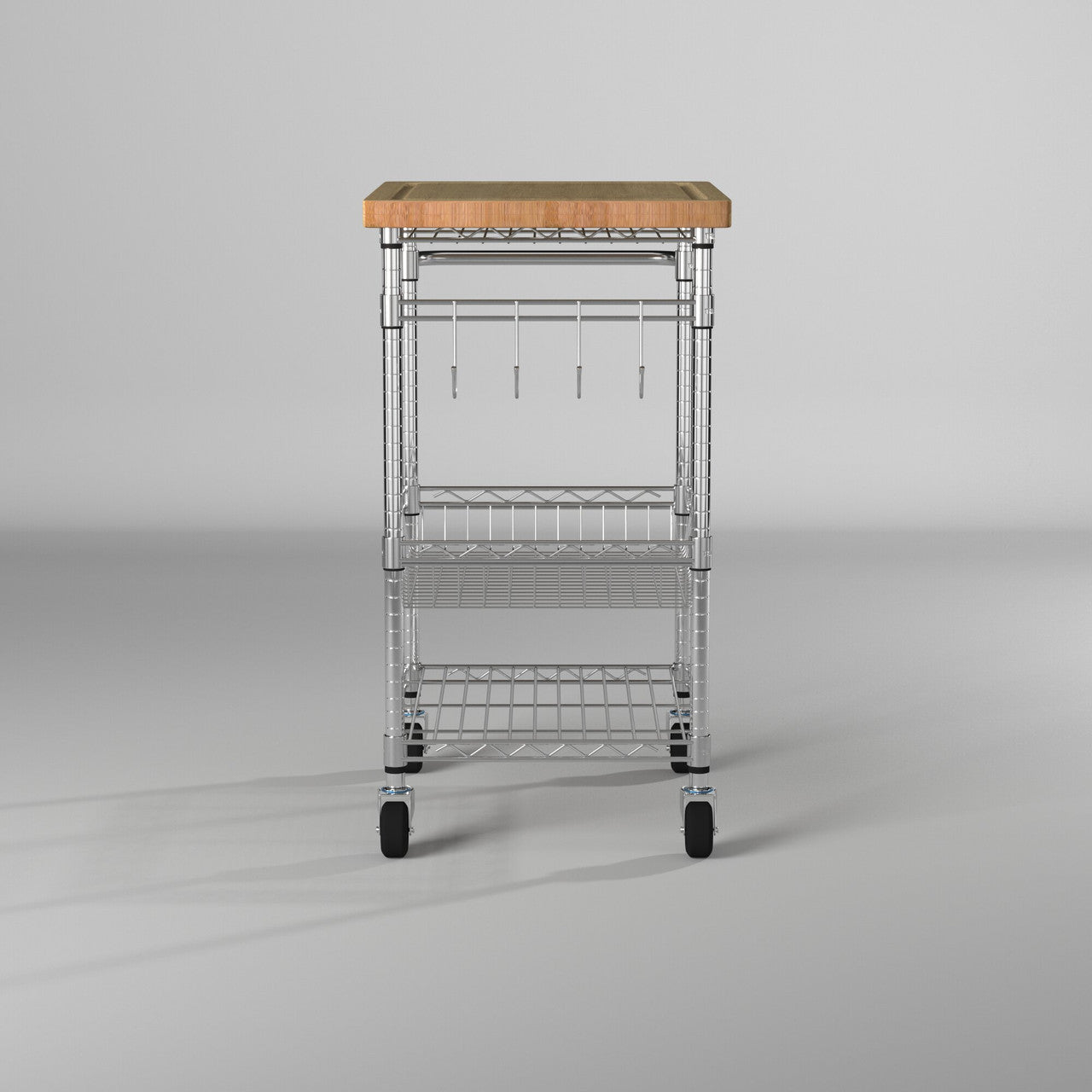 A front view shows a metal kitchen cart with a light-colored wooden top. The cart has multiple wire shelves and hanging hooks, and it rests on black wheels.
