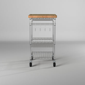A front view shows a metal kitchen cart with a light-colored wooden top. The cart has multiple wire shelves and hanging hooks, and it rests on black wheels.