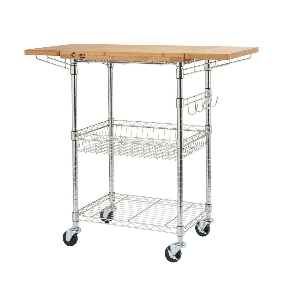 A kitchen cart with a light-colored bamboo top that extends on both sides is shown against a white background. The cart has a chrome metal frame with two wire shelves, a wire basket, and hooks on the side, and it sits on four black wheels.