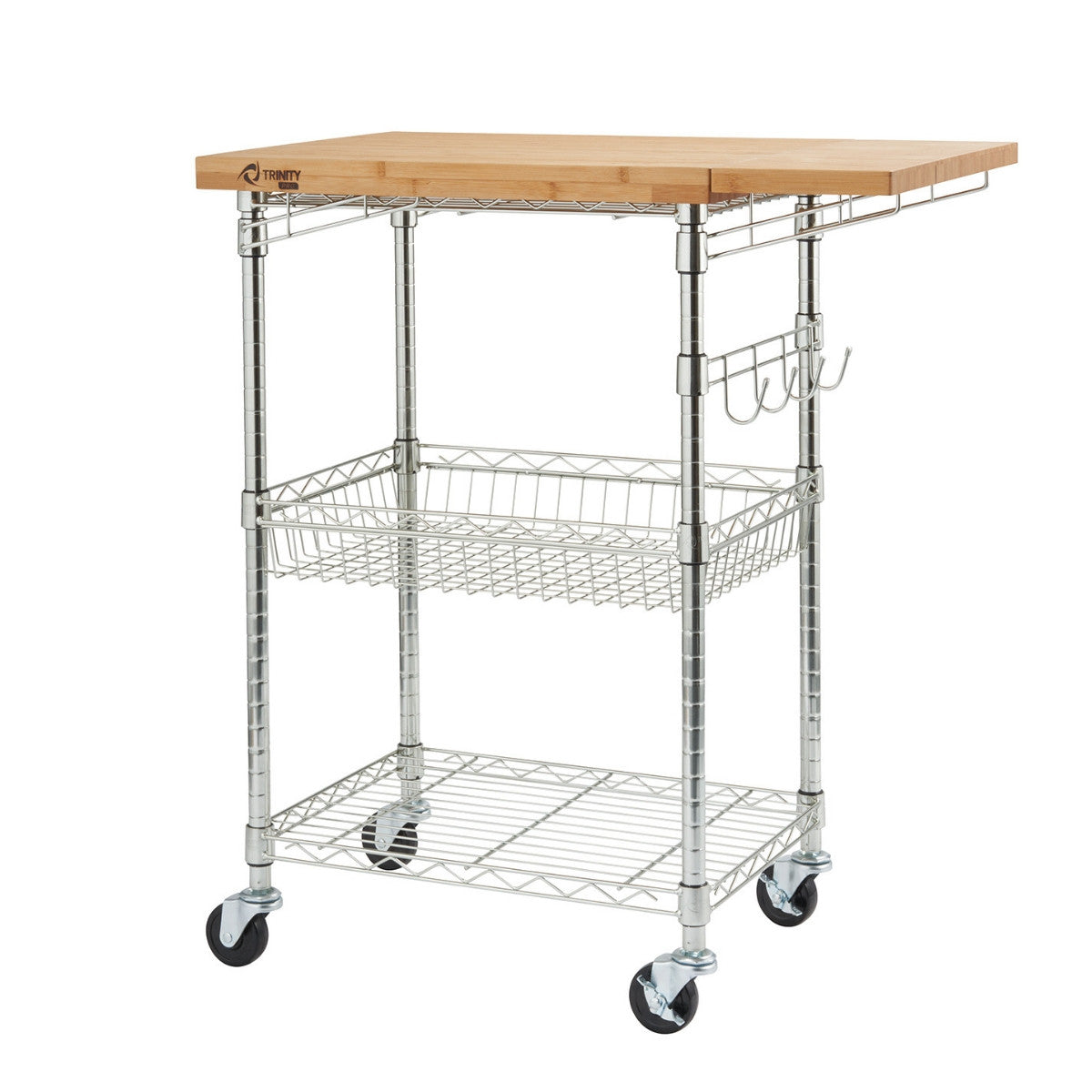 A chrome metal kitchen cart with a light brown bamboo top expanded on one side with hidden drop leaf is shown against a white background. The cart has two wire shelves, a wire basket, four hooks on the side, and wheels for mobility.