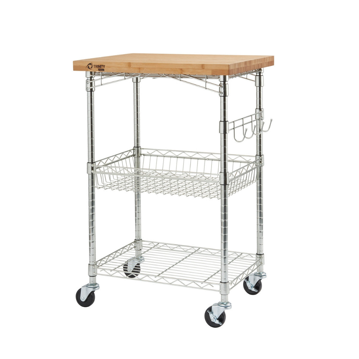 A silver metal kitchen cart with a light brown bamboo top has two wire shelves and four wheels. On one side, it features a small hanging basket and four hooks.