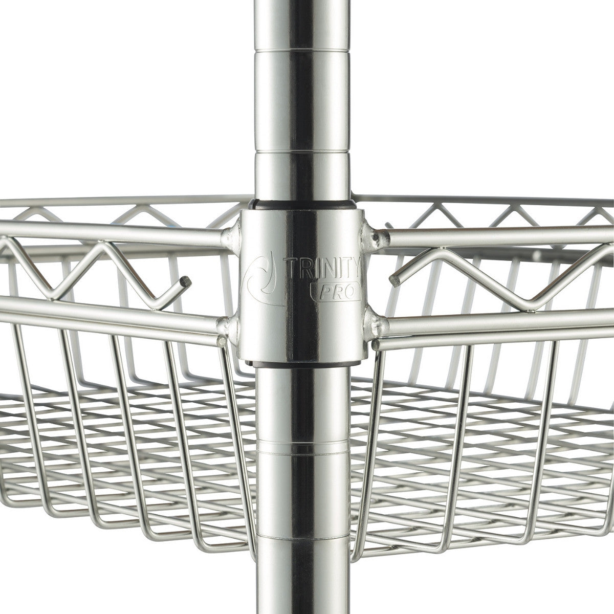 Close-up view of a chrome metal shelving unit. A black plastic collar with the "TRINITY PRO" logo secures a wire basket shelf to a vertical pole.