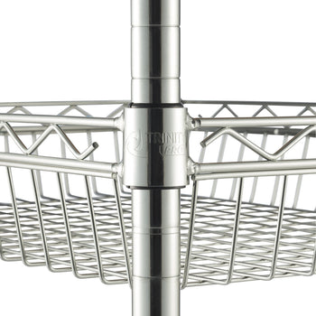 Close-up view of a chrome metal shelving unit. A black plastic collar with the 