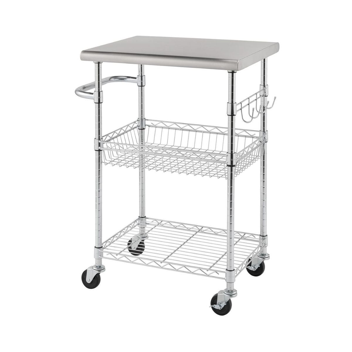 A stainless steel kitchen cart with a flat top surface, a wire basket shelf in the middle, and a wire grid shelf at the bottom is shown against a white background. The cart has four wheels, a handle on one side, and four hooks hanging from the top shelf supports on another side.