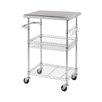 A stainless steel kitchen cart with a flat top surface, a wire basket shelf in the middle, and a wire grid shelf at the bottom is shown against a white background. The cart has four wheels, a handle on one side, and four hooks hanging from the top shelf supports on another side.