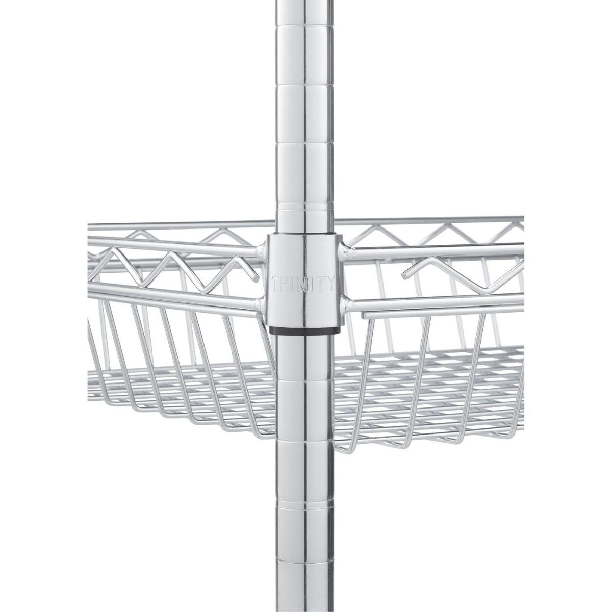 A close-up shows the chrome-plated metal frame and wire basket of a kitchen cart. The word "TRINITY" is visible on a black plastic connector around one of the vertical poles.