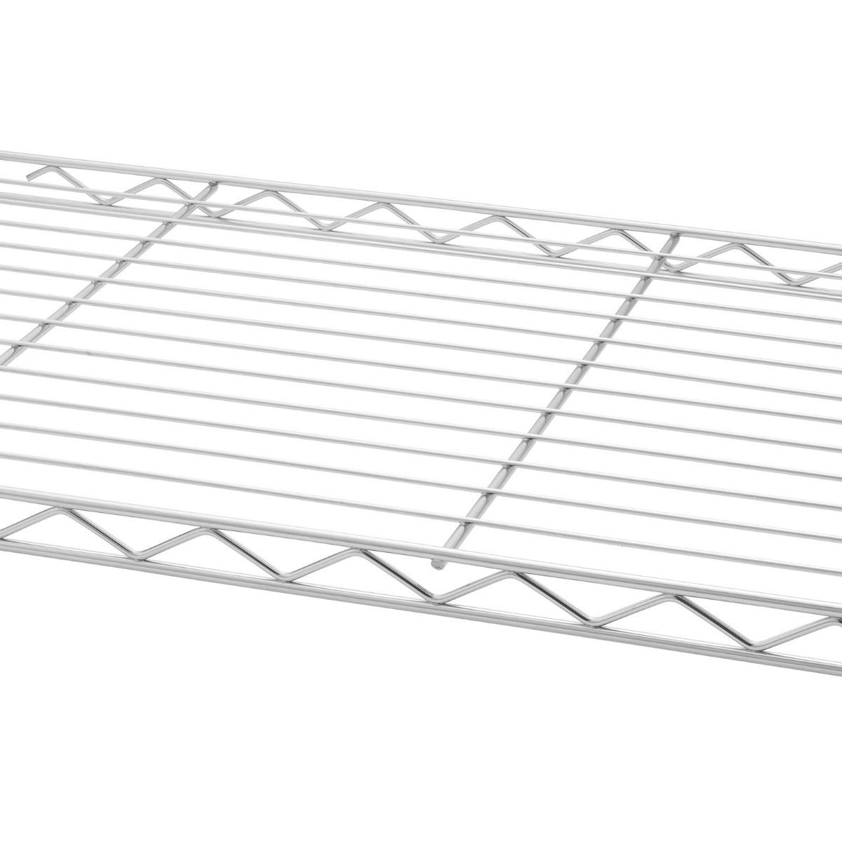 Close-up view of a silver 22 inches wide by 16 inches deep wire shelving unit. The grid pattern of the shelf and its supporting structure are clearly visible against a white background.
