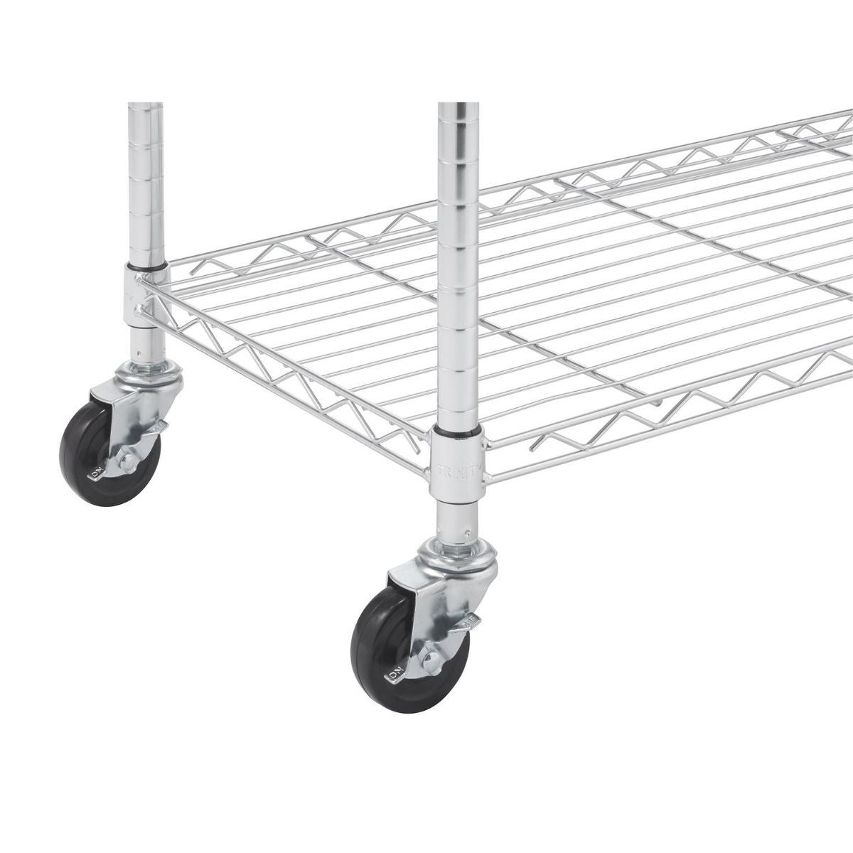 A close-up shows the bottom portion of a stainless steel wire shelving unit. It features black wheels with silver casters attached to the silver, tubular legs of the shelving.