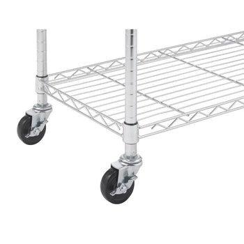 A close-up shows the bottom portion of a stainless steel wire shelving unit. It features black wheels with silver casters attached to the silver, tubular legs of the shelving.