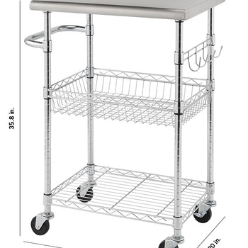 A silver kitchen cart with a stainless steel top, a wire basket, and a lower wire shelf. The cart is on wheels and has a handle on one side and hooks on the other, with dimensions of 35.8 inches (height), 28.6 inches (width), and 20 inches (depth) indicated by arrows.