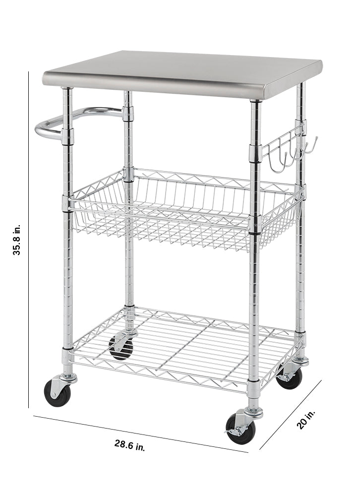 A silver kitchen cart with a stainless steel top, a wire basket, and a lower wire shelf. The cart is on wheels and has a handle on one side and hooks on the other, with dimensions of 35.8 inches (height), 28.6 inches (width), and 20 inches (depth) indicated by arrows.