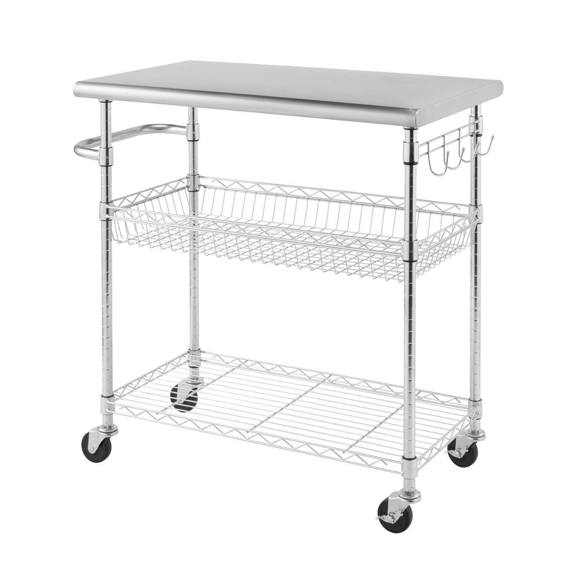 A stainless steel kitchen cart with a top surface, a wire basket shelf in the middle, and a wire grid shelf at the bottom is shown against a white background. The cart has four wheels, a handle on one side, and hooks on the other.