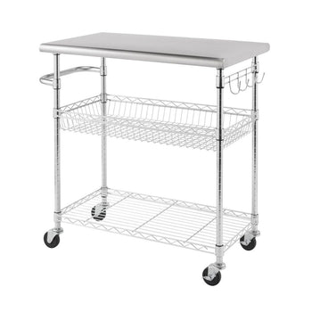 A stainless steel kitchen cart with a top surface, a wire basket shelf in the middle, and a wire grid shelf at the bottom is shown against a white background. The cart has four wheels, a handle on one side, and hooks on the other.