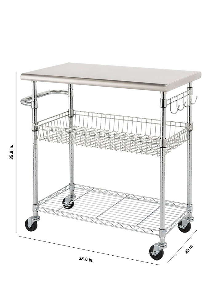 A stainless steel kitchen cart which features a stainless steel top, two wire shelves (one basket style), a side handle with hooks, and wheels for mobility. Dimensions are indicated as 35.8 inches in height, 38.6 inches in width, and 20 inches in depth.
