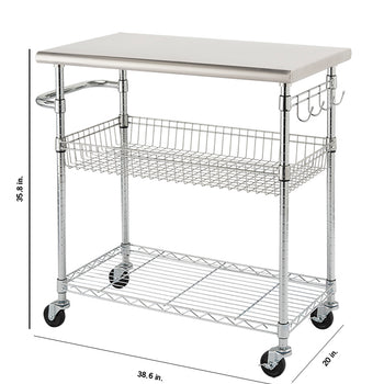 A stainless steel kitchen cart which features a stainless steel top, two wire shelves (one basket style), a side handle with hooks, and wheels for mobility. Dimensions are indicated as 35.8 inches in height, 38.6 inches in width, and 20 inches in depth.