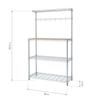 A 60.5-inch tall wire shelving unit with a wooden top shelf and three lower wire shelves. The unit is 36 inches wide and 14 inches deep, with hooks for hanging items.