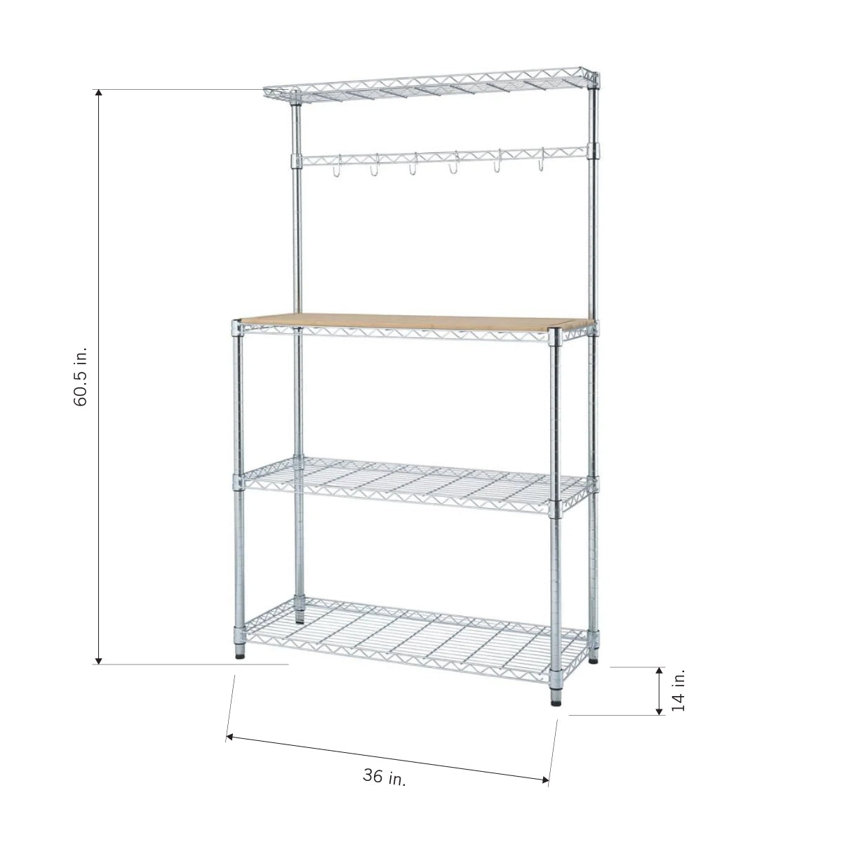 A 60.5-inch tall wire shelving unit with a wooden top shelf and three lower wire shelves. The unit is 36 inches wide and 14 inches deep, with hooks for hanging items.