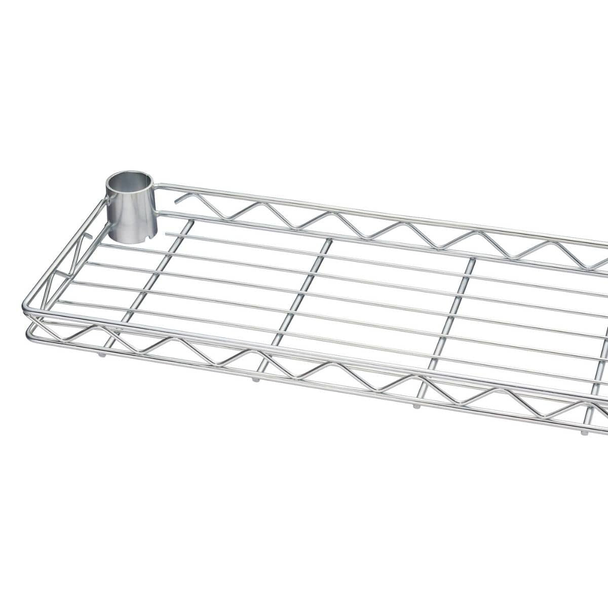 A close-up shows a section of a chrome-colored wire shelf with a cylindrical connector on the left side. The shelf is made of a grid of wires supported by a wire frame with triangular bracing along the sides.