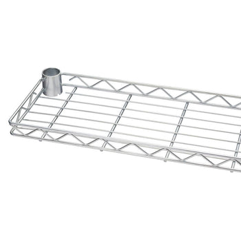 A close-up shows a section of a chrome-colored wire shelf with a cylindrical connector on the left side. The shelf is made of a grid of wires supported by a wire frame with triangular bracing along the sides.