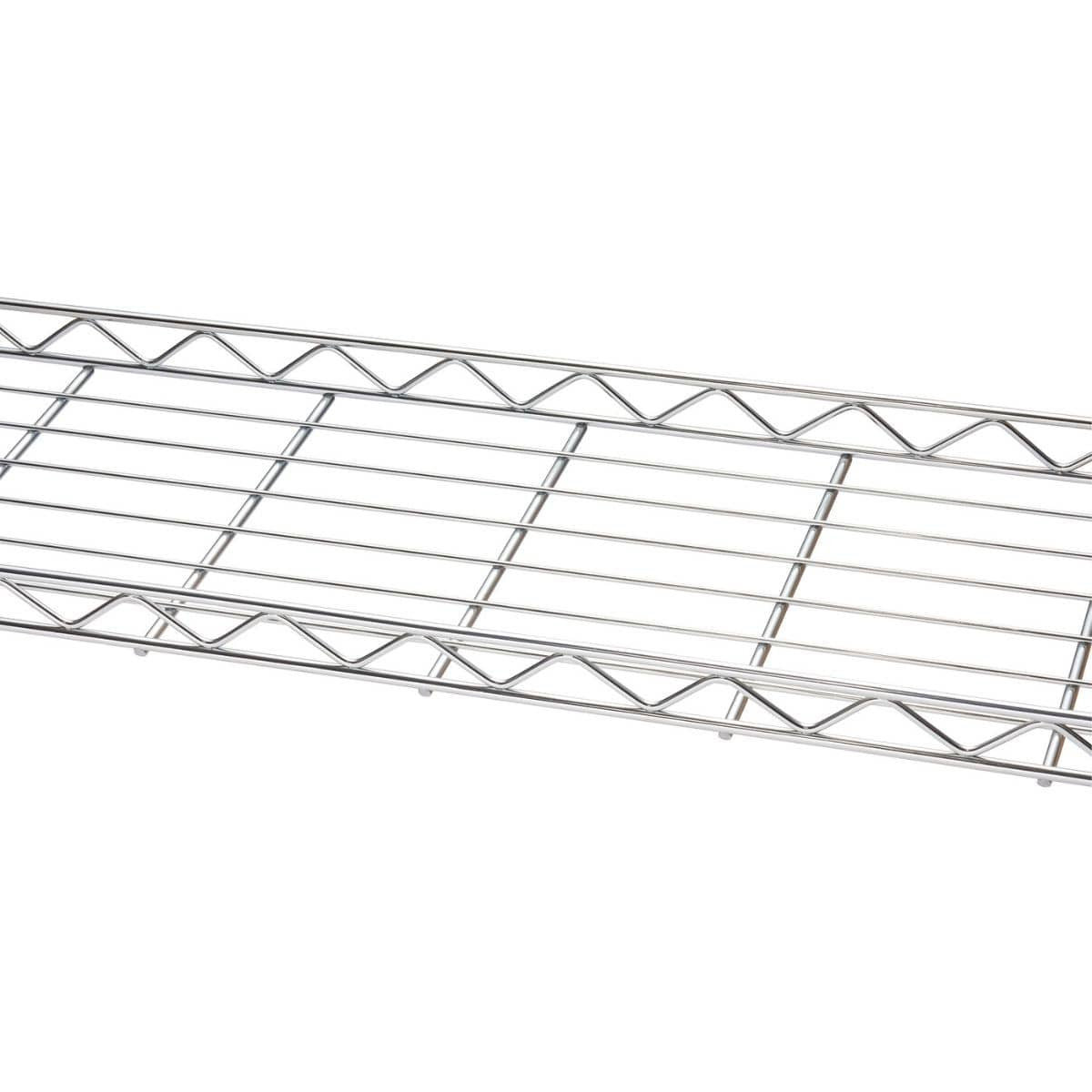 A close up of a chrome cantilever shelf raised lip design on a white background.
