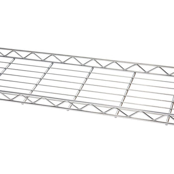 A close up of a chrome cantilever shelf raised lip design on a white background.