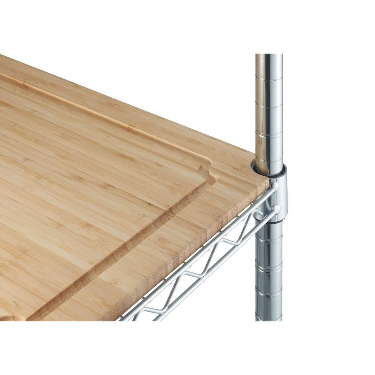 A bamboo surface with pre cut edges that sits perfectly between the poles of a chrome shelf.