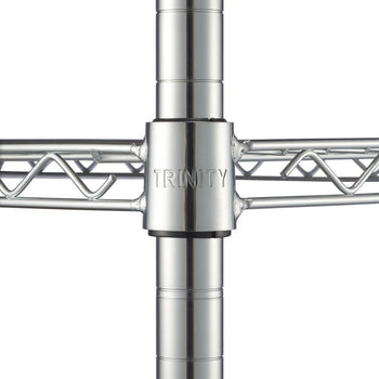 A close-up shows the central connecting piece of a chrome wire shelving unit. The word 