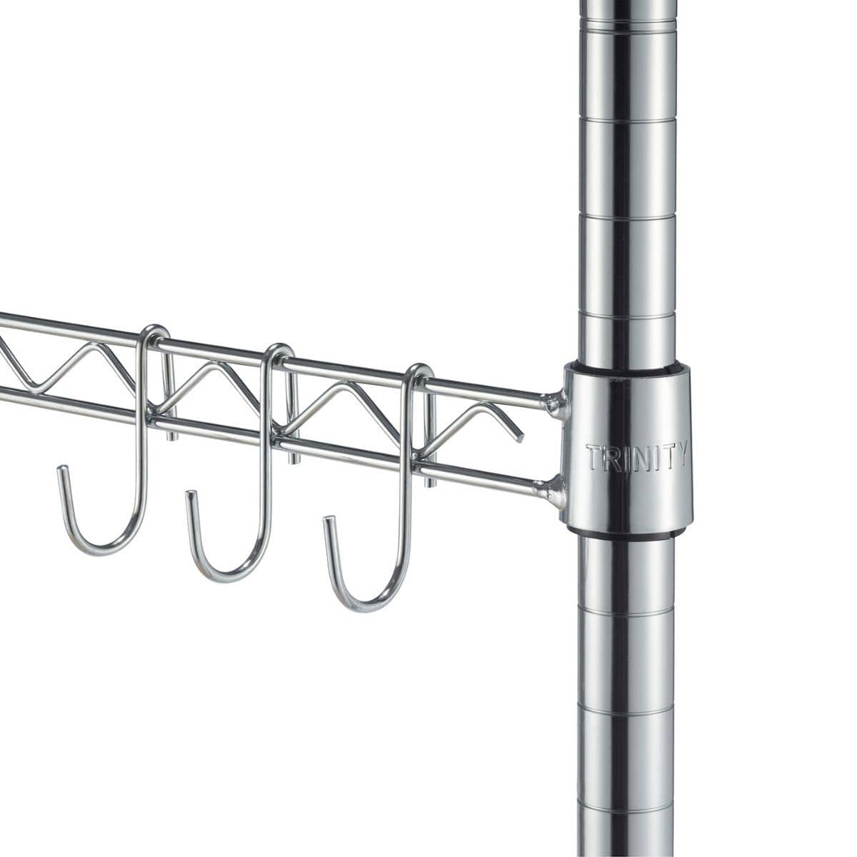 Close-up of a chrome wire shelf with three hanging hooks attached to a horizontal bar. A vertical support pole with the "TRINITY" brand visible is on the right side.