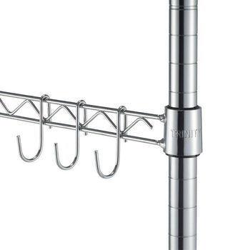 Close-up of a chrome wire shelf with three hanging hooks attached to a horizontal bar. A vertical support pole with the 