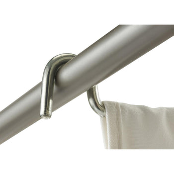 A close-up shot shows a silver U-shaped hook hanging from a horizontal chrome rod. The bottom curve of the hook is attached to a white fabric.