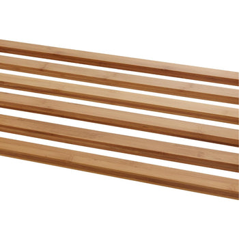 Several parallel, light-brown bamboo slats, The slats are arranged diagonally across the frame, highlighting their natural wood grain.