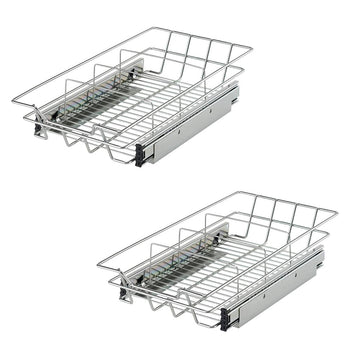 Two chrome wire sliding drawers with full extension slides are shown against a white background. The drawers have a sturdy wire basket design with a slightly raised back and front lip.