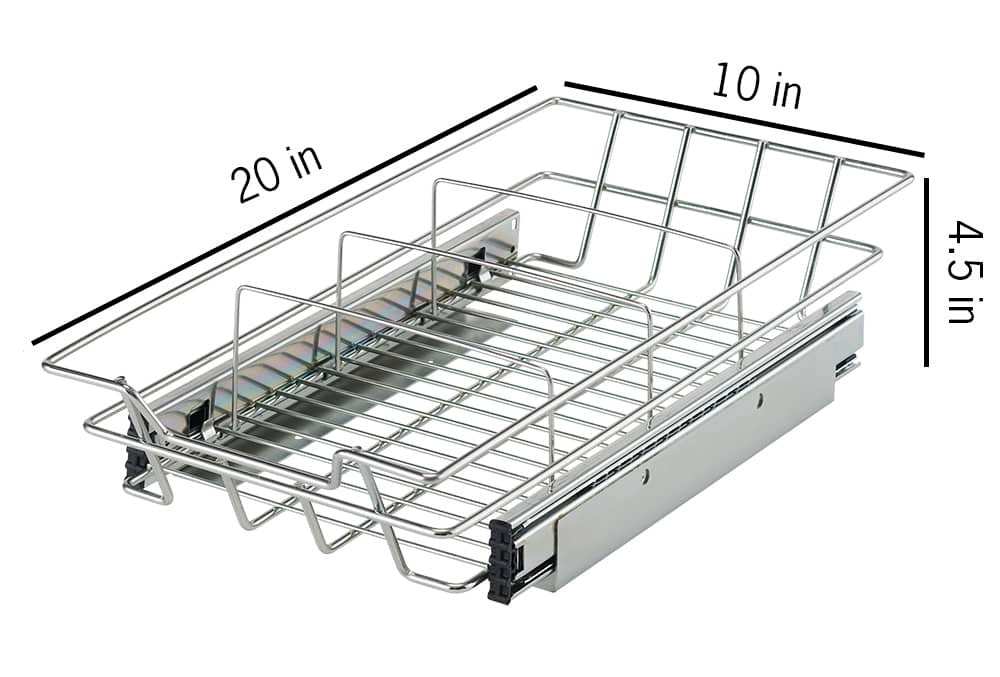 A silver wire sliding drawer with a label indicating its dimensions is shown against a white background. The drawer is labeled as 20 inches in length, 10 inches in width, and 4.5 inches in height.