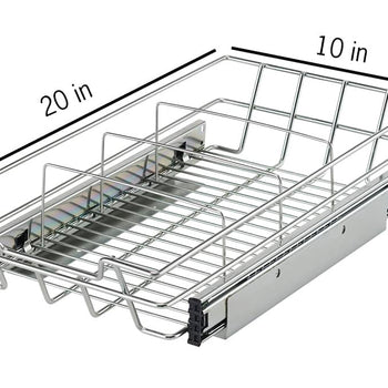 A silver wire sliding drawer with a label indicating its dimensions is shown against a white background. The drawer is labeled as 20 inches in length, 10 inches in width, and 4.5 inches in height.