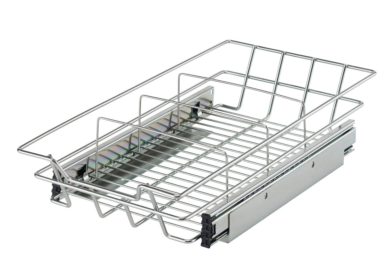 A silver wire sliding drawer with dividers is shown against a white background. The drawer is partially extended, revealing its wire basket construction and smooth sliding mechanism.