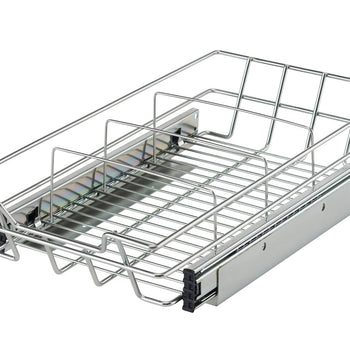 A silver wire sliding drawer with dividers is shown against a white background. The drawer is partially extended, revealing its wire basket construction and smooth sliding mechanism.
