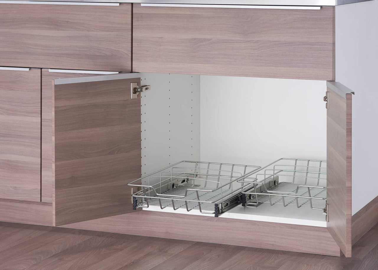 Open wooden cabinet with two chrome wire sliding drawers inside. The drawers are partially extended, revealing their wire basket construction and smooth sliding mechanisms.