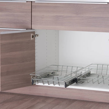 Open wooden cabinet with two chrome wire sliding drawers inside. The drawers are partially extended, revealing their wire basket construction and smooth sliding mechanisms.