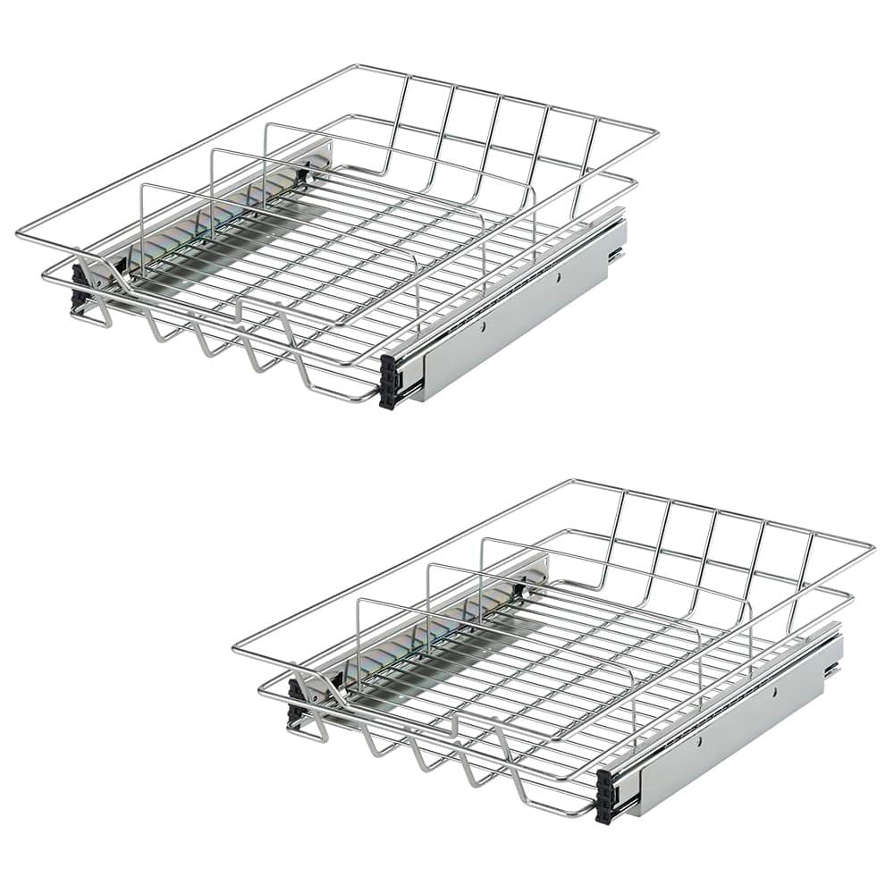 Two chrome wire sliding drawers are shown against a white background. Each drawer features a basket design with a handle and a smooth gliding mechanism on the sides.